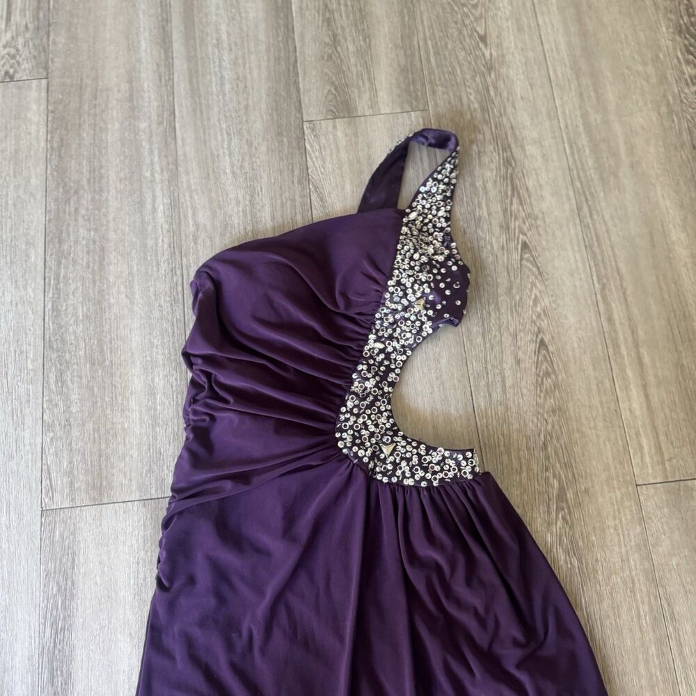 Nox Anabel Purple One Shoulder Prom Dress Gown Cutout Rhinestone Beaded XS Chic - Picture 10 of 14